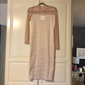 Long blush and white stripes, sheer sleeves dress